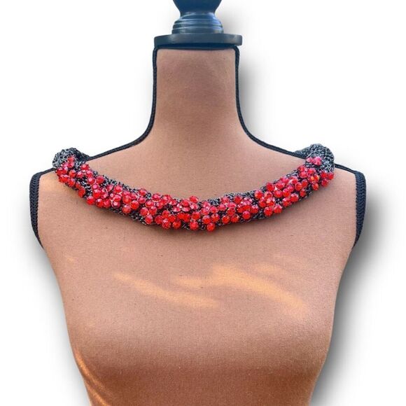 Vintage Braided Chainmail Necklace, Ruby Rhinestones, Heavy Weight Wide Collar - Picture 1 of 11